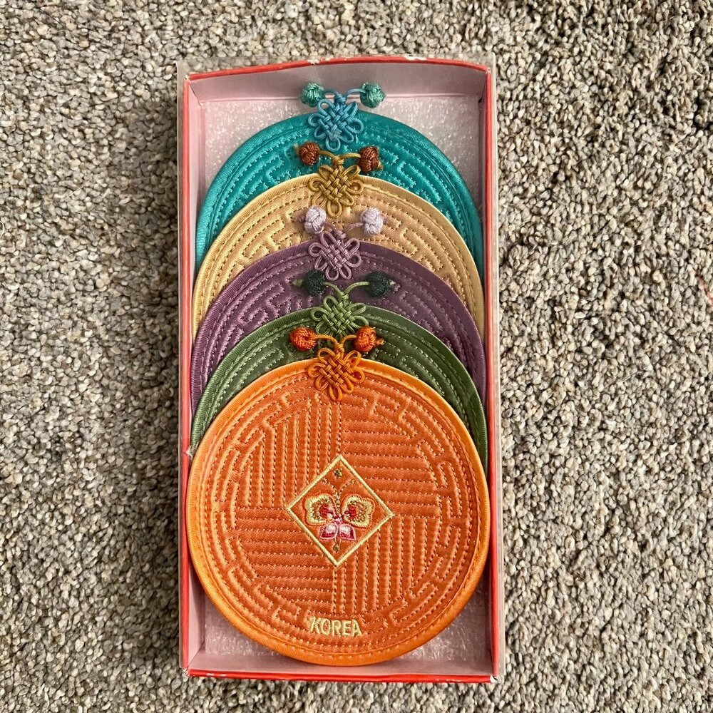New - Set of 5 coasters from Korea - multicolored with butterfly